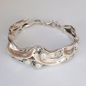 Pearl and Silver Organic Hinged Bangle